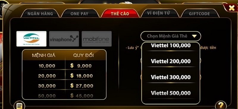 nạp bằng thẻ cào