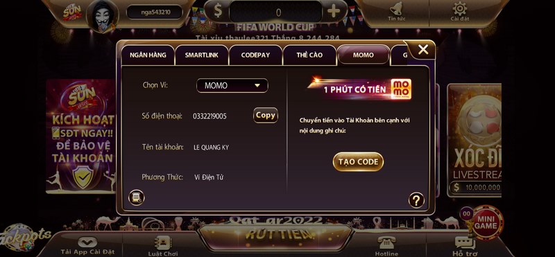 nạp tiền thông qua ví điện tử